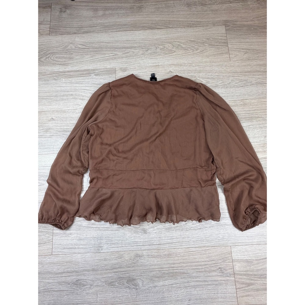 Autres Filles Womens XL Brown Ruffle V-Neck Peplum Chiffon Blouse Long Sleeve - Picture 6 of 6